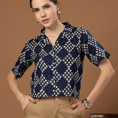 Stylum Women's Indigo Dabu Printed Cotton Crop Top (TOPINDIGOTRUNK)