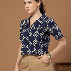 Stylum Women's Indigo Dabu Printed Cotton Crop Top (TOPINDIGOTRUNK)
