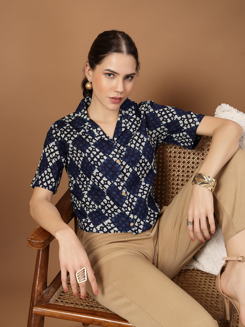 Stylum Women's Indigo Dabu Printed Cotton Crop Top (TOPINDIGOTRUNK)