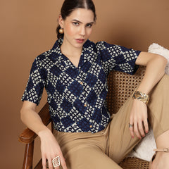 Stylum Women's Indigo Dabu Printed Cotton Crop Top (TOPINDIGOTRUNK)