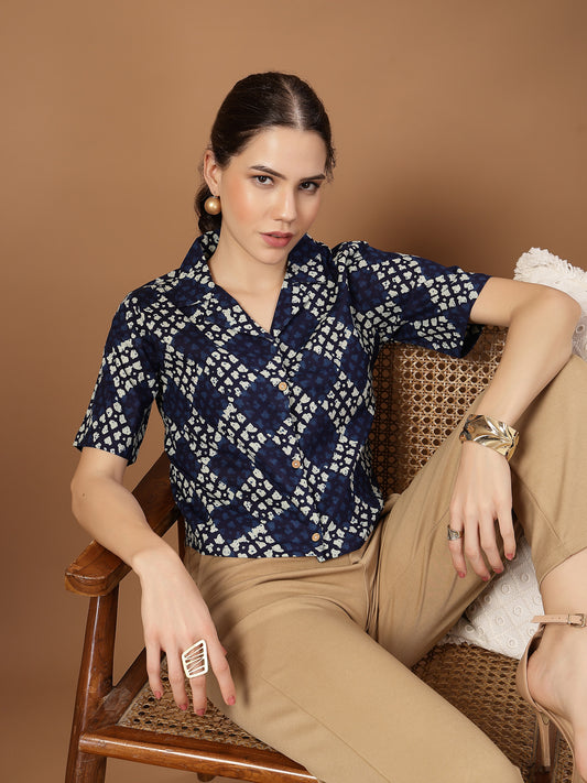 Stylum Women's Indigo Dabu Printed Cotton Crop Top (TOPINDIGOTRUNK)