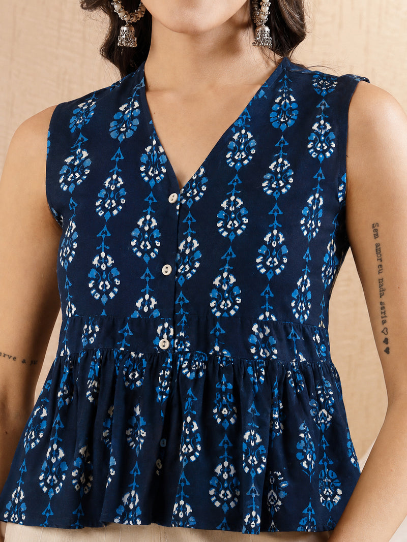 Stylum Women's Navy Ethnic Motif Printed Rayon Peplum Top (TOPINDOAMAR)