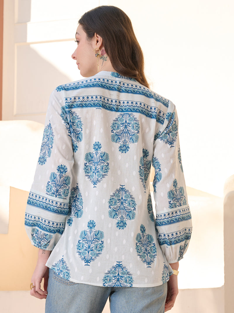 Stylum Women's Blue Ethnic Buta Printed Cotton Top (TOPBLUEKIKU)