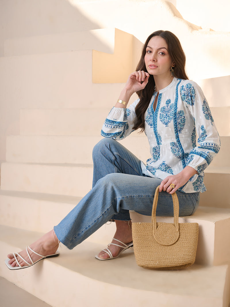 Stylum Women's Blue Ethnic Buta Printed Cotton Top (TOPBLUEKIKU)