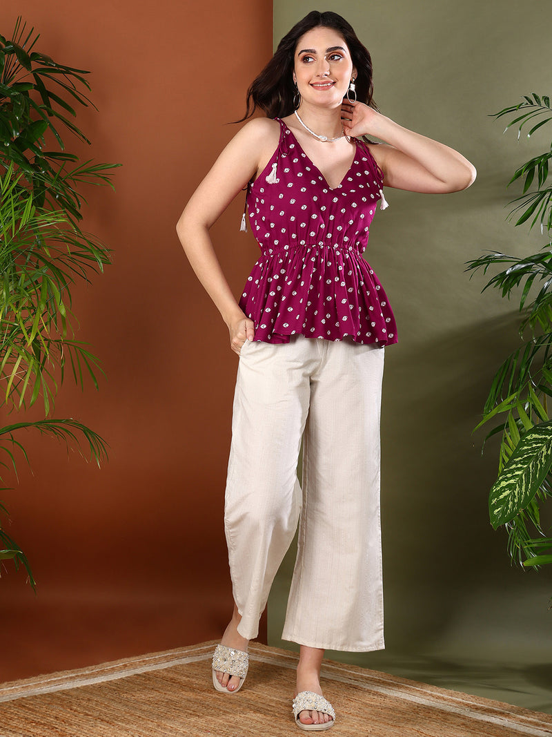 Stylum Women's Pink Bandhej Printed Rayon Short Peplum Top (TOPLAKME)