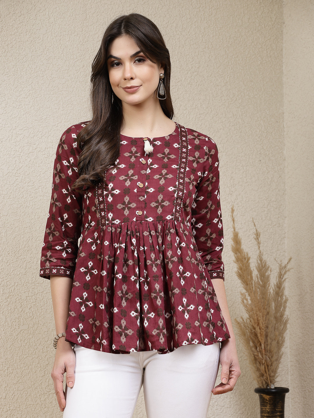 Stylum Women's Dabu Printed Cotton Peplum Top (TOPMAROONDOVE)