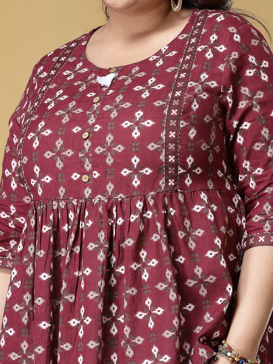 Plus Size Women's Dabu Printed Cotton Peplum Top (TOPMAROONDOVEPLUS)