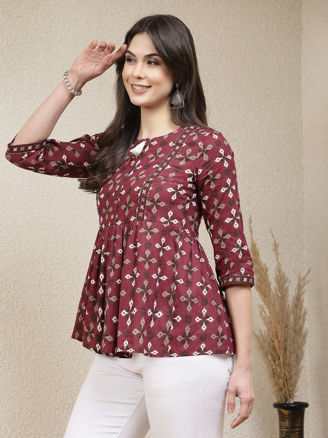 Stylum Women's Dabu Printed Cotton Peplum Top (TOPMAROONDOVE)