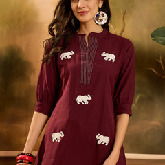 Stylum Women's Maroon Solid & Embellished Cotton Flex Top (TOPMAROONHIPPO)