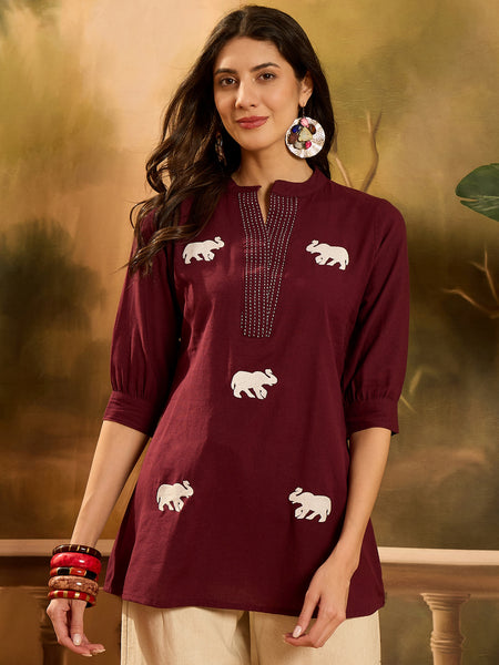 Stylum Women's Maroon Solid & Embellished Cotton Flex Top (TOPMAROONHIPPO)