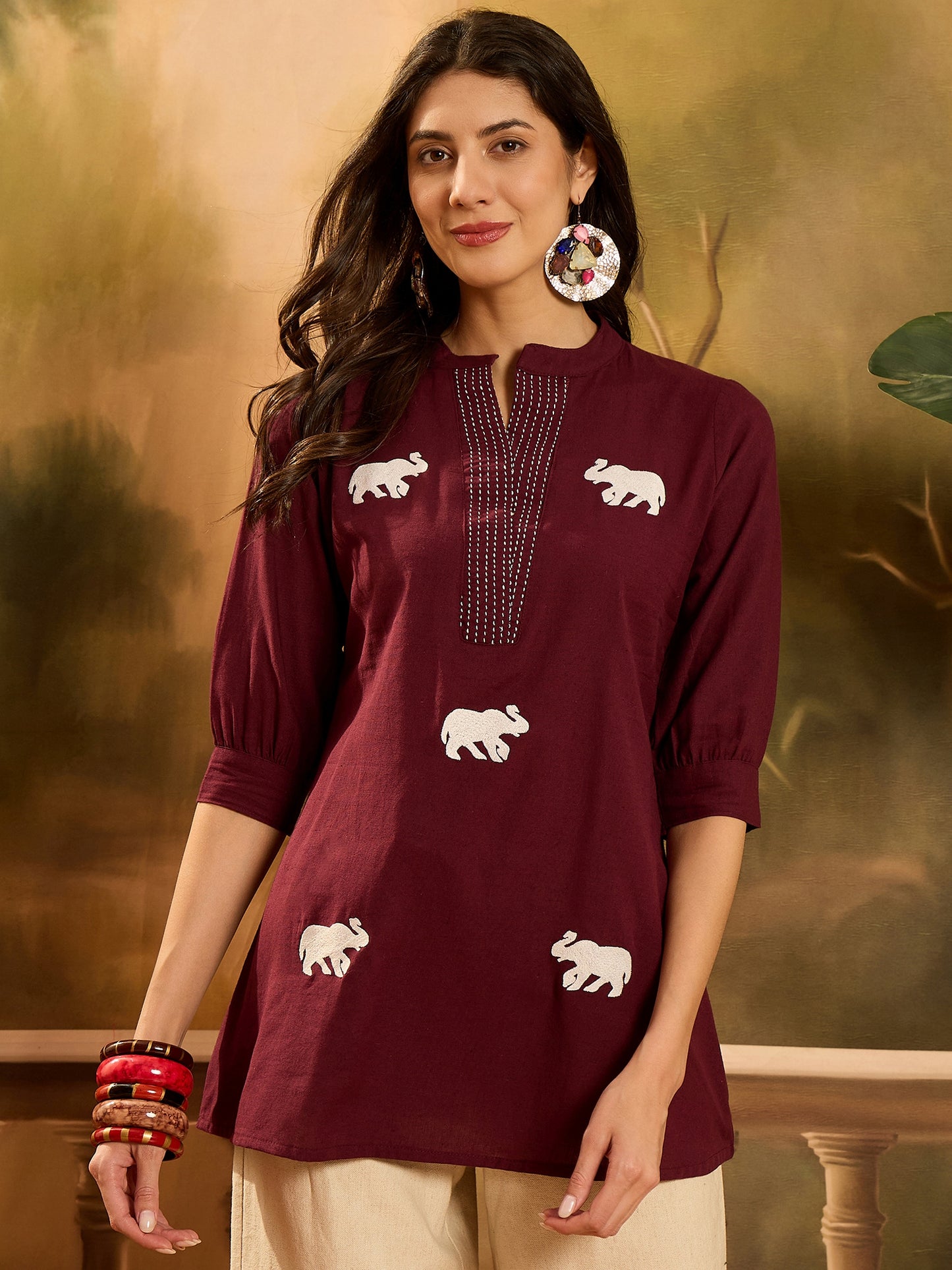 Stylum Women's Maroon Solid & Embellished Cotton Flex Top (TOPMAROONHIPPO)