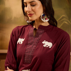 Stylum Women's Maroon Solid & Embellished Cotton Flex Top (TOPMAROONHIPPO)