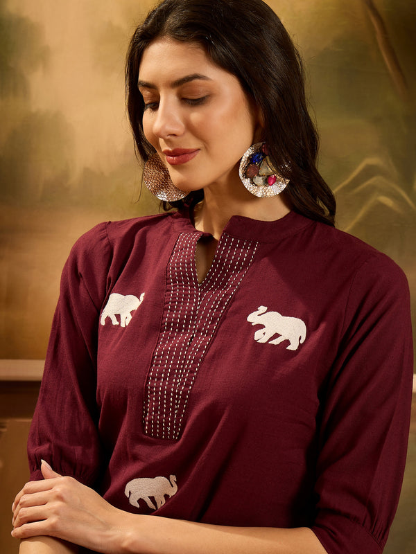 Stylum Women's Maroon Solid & Embellished Cotton Flex Top (TOPMAROONHIPPO)