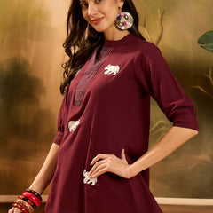 Stylum Women's Maroon Solid & Embellished Cotton Flex Top (TOPMAROONHIPPO)