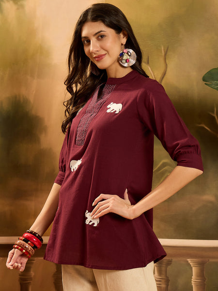 Stylum Women's Maroon Solid & Embellished Cotton Flex Top (TOPMAROONHIPPO)