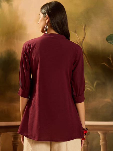 Stylum Women's Maroon Solid & Embellished Cotton Flex Top (TOPMAROONHIPPO)