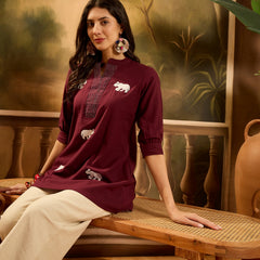Stylum Women's Maroon Solid & Embellished Cotton Flex Top (TOPMAROONHIPPO)