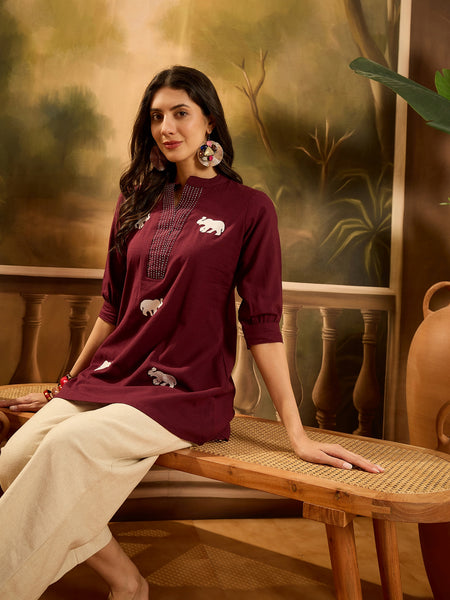 Stylum Women's Maroon Solid & Embellished Cotton Flex Top (TOPMAROONHIPPO)