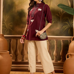 Stylum Women's Maroon Solid & Embellished Cotton Flex Top (TOPMAROONHIPPO)