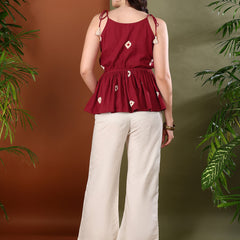 Stylum Women's Maroon Bandhej Printed Rayon Short Peplum Top (TOPMAROONKATTY)