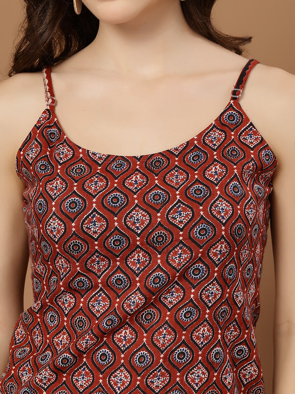 Stylum Women's Maroon Ethnic Motif Printed Cotton Straight Top (TOPMAROONLOWKEY)