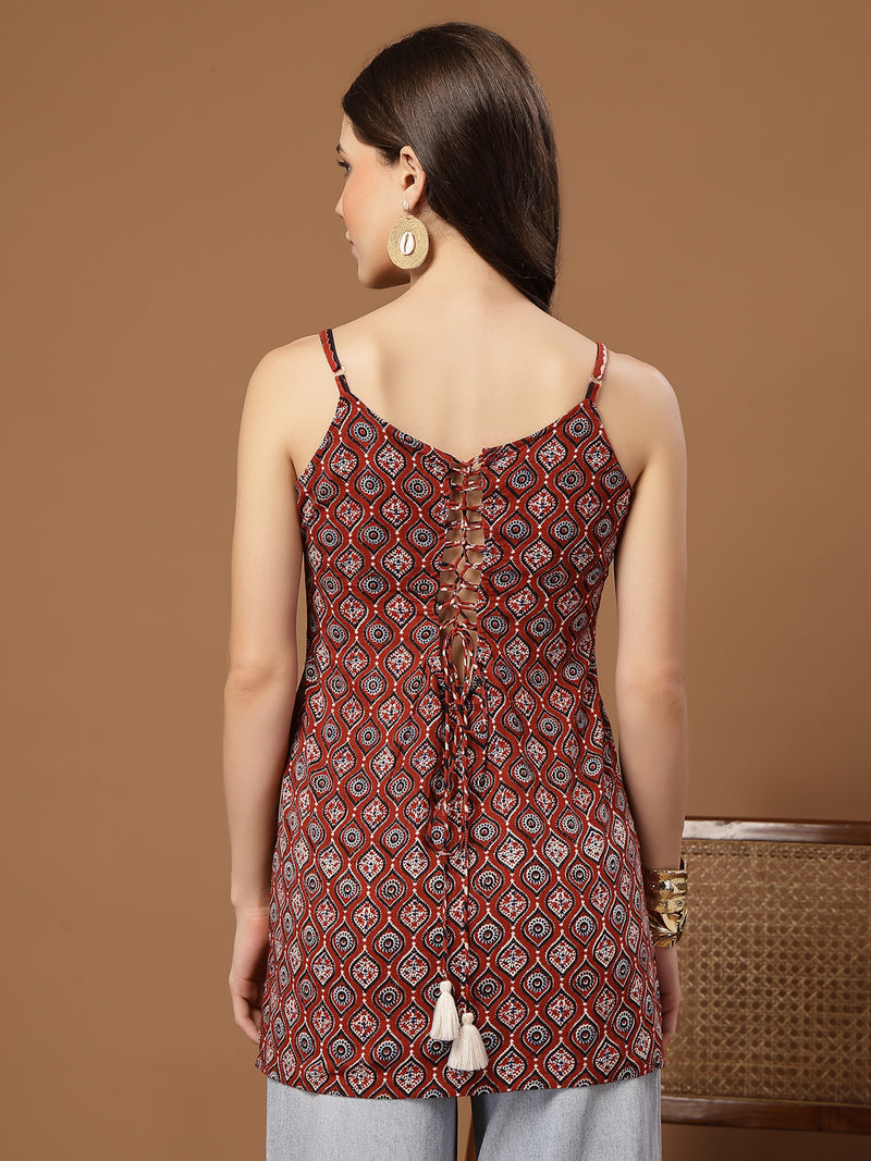 Stylum Women's Maroon Ethnic Motif Printed Cotton Straight Top (TOPMAROONLOWKEY)