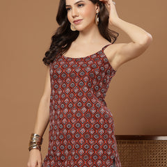 Stylum Women's Maroon Ethnic Motif Printed Cotton Straight Top (TOPMAROONLOWKEY)