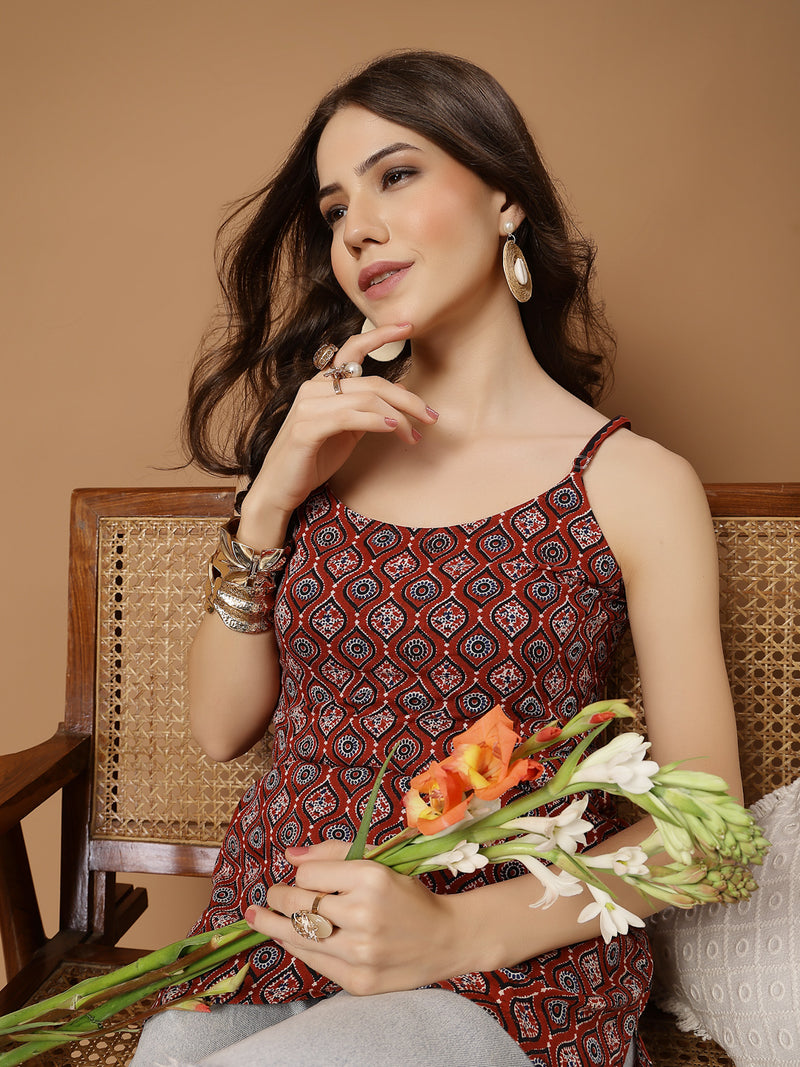 Stylum Women's Maroon Ethnic Motif Printed Cotton Straight Top (TOPMAROONLOWKEY)