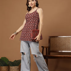 Stylum Women's Maroon Ethnic Motif Printed Cotton Straight Top (TOPMAROONLOWKEY)