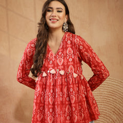 Stylum Women's Maroon Ikat Printed Cotton Empire Top (TOPMAROONTARUN)