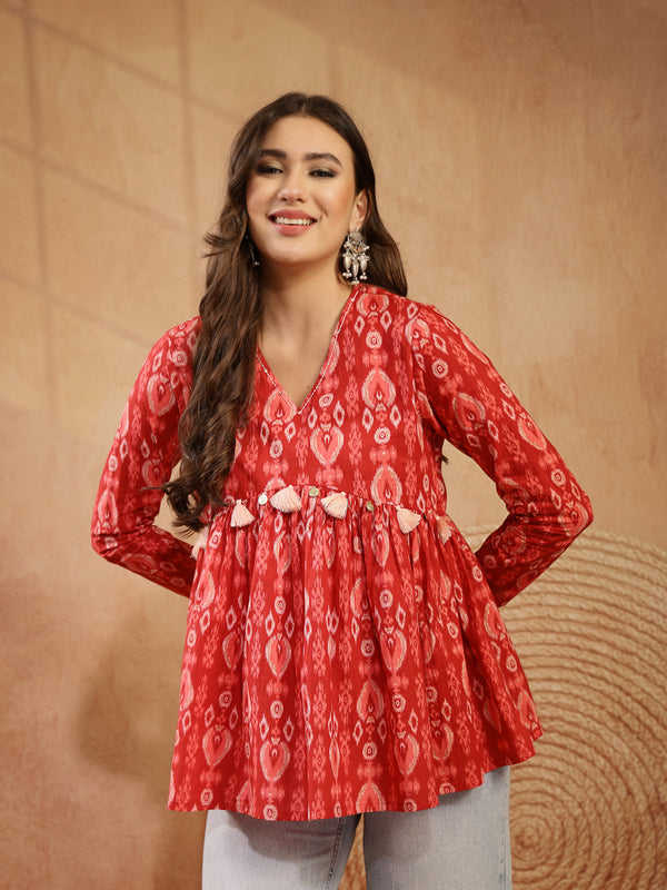 Stylum Women's Maroon Ikat Printed Cotton Empire Top (TOPMAROONTARUN)