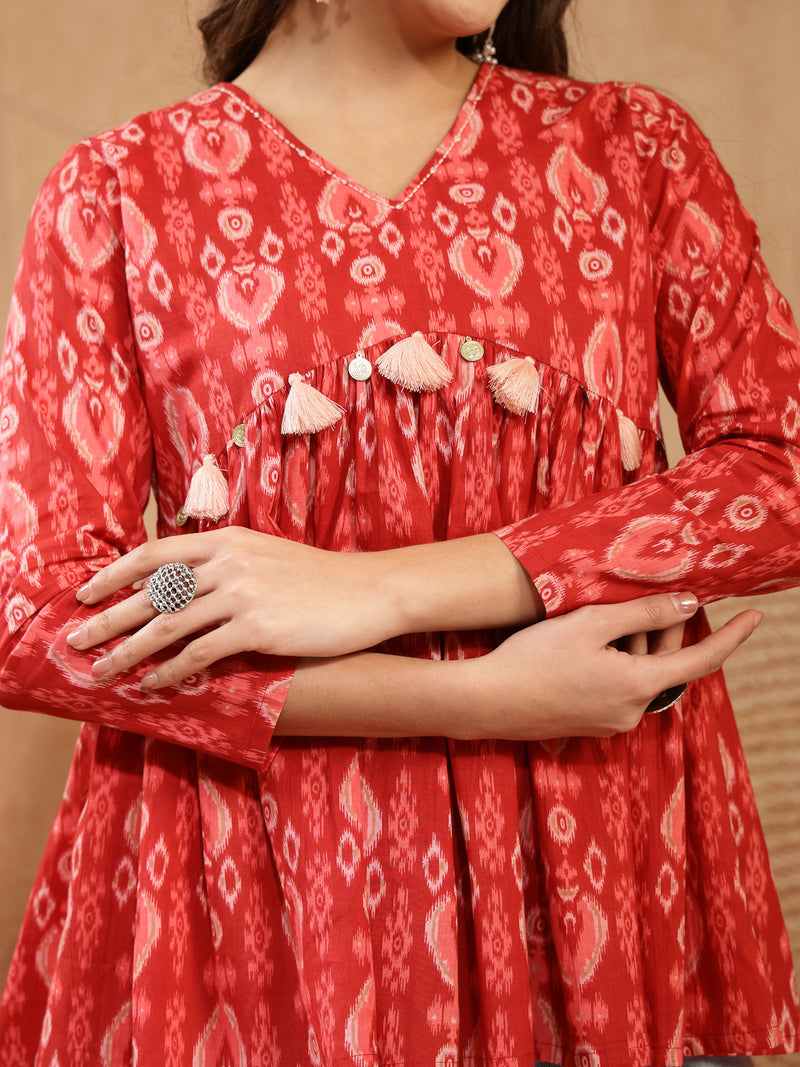 Stylum Women's Maroon Ikat Printed Cotton Empire Top (TOPMAROONTARUN)