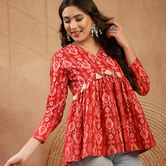 Stylum Women's Maroon Ikat Printed Cotton Empire Top (TOPMAROONTARUN)