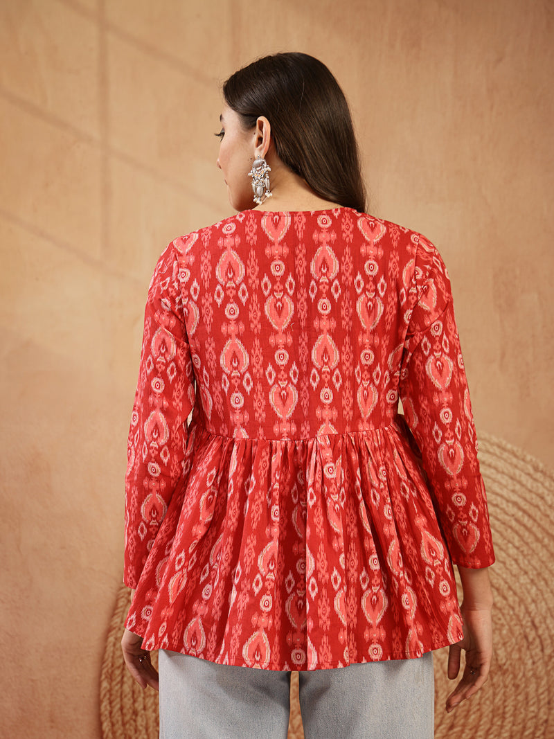 Stylum Women's Maroon Ikat Printed Cotton Empire Top (TOPMAROONTARUN)