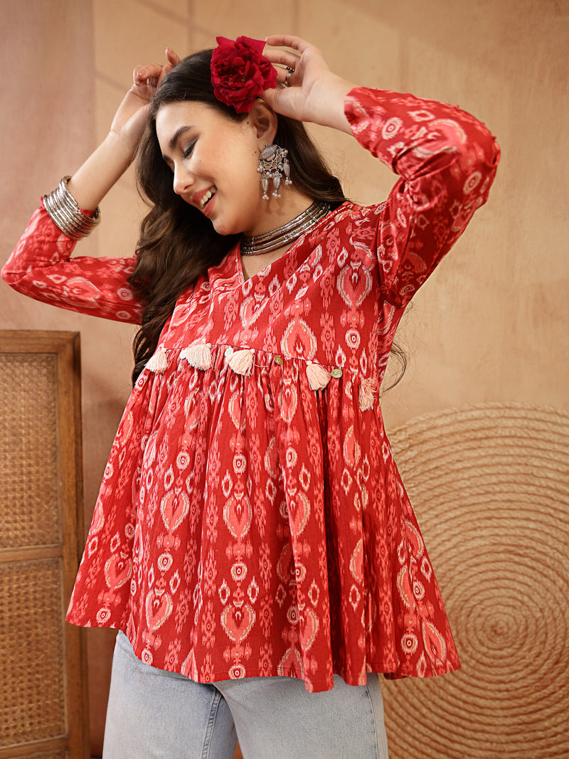 Stylum Women's Maroon Ikat Printed Cotton Empire Top (TOPMAROONTARUN)