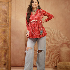 Stylum Women's Maroon Ikat Printed Cotton Empire Top (TOPMAROONTARUN)