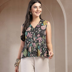 Stylum Women's Black Floral Printed Katha Cotton Peplum Tops (TOPMULTIMUMBA)