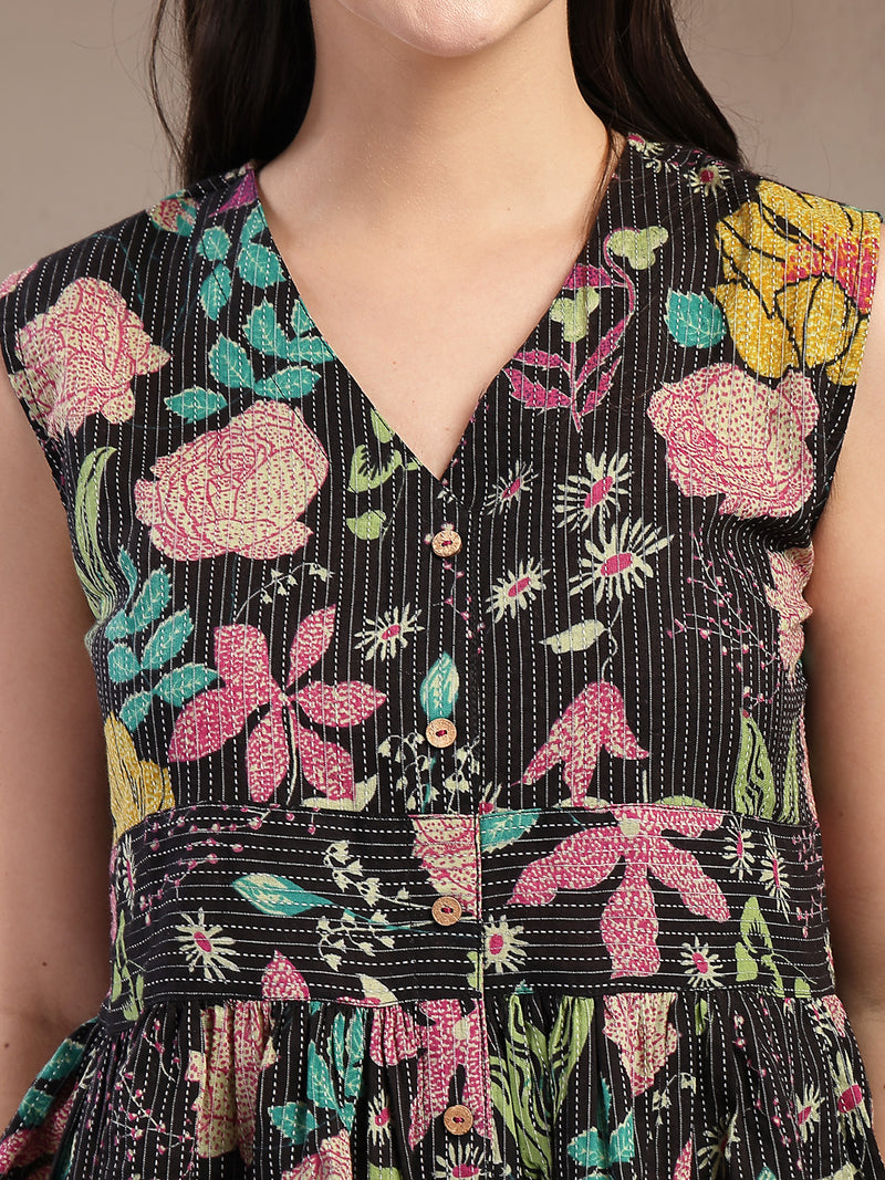 Stylum Women's Black Floral Printed Katha Cotton Peplum Tops (TOPMULTIMUMBA)