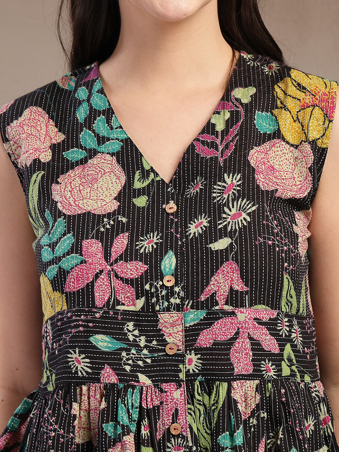 Stylum Women's Black Floral Printed Katha Cotton Peplum Tops (TOPMULTIMUMBA)