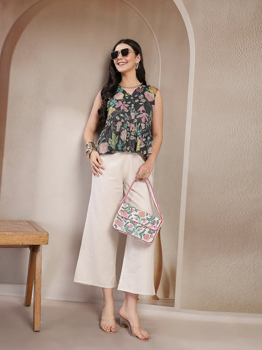 Stylum Women's Black Floral Printed Katha Cotton Peplum Tops (TOPMULTIMUMBA)