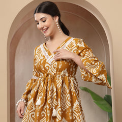 Stylum Women's Mustard Ikkat Printed Cotton Empire Top (TOPMUSTARDHUMMUS)