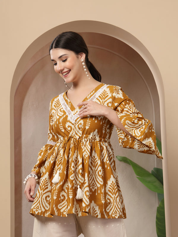 Stylum Women's Mustard Ikkat Printed Cotton Empire Top (TOPMUSTARDHUMMUS)