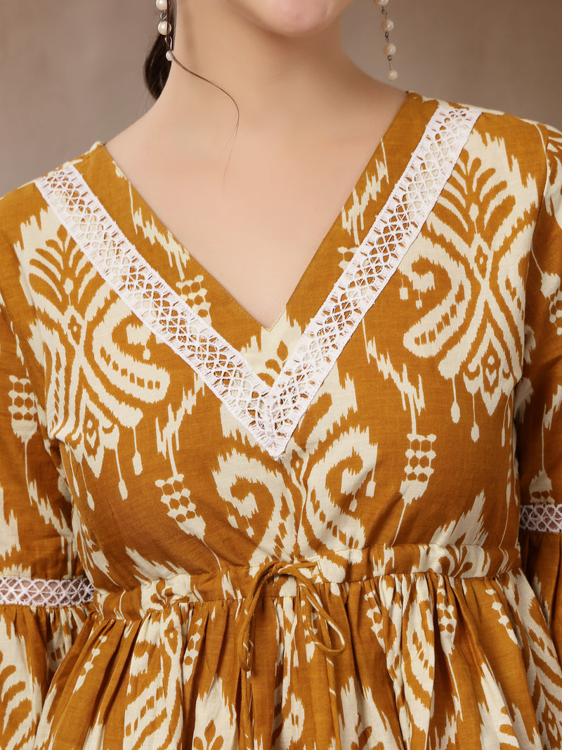 Stylum Women's Mustard Ikkat Printed Cotton Empire Top (TOPMUSTARDHUMMUS)