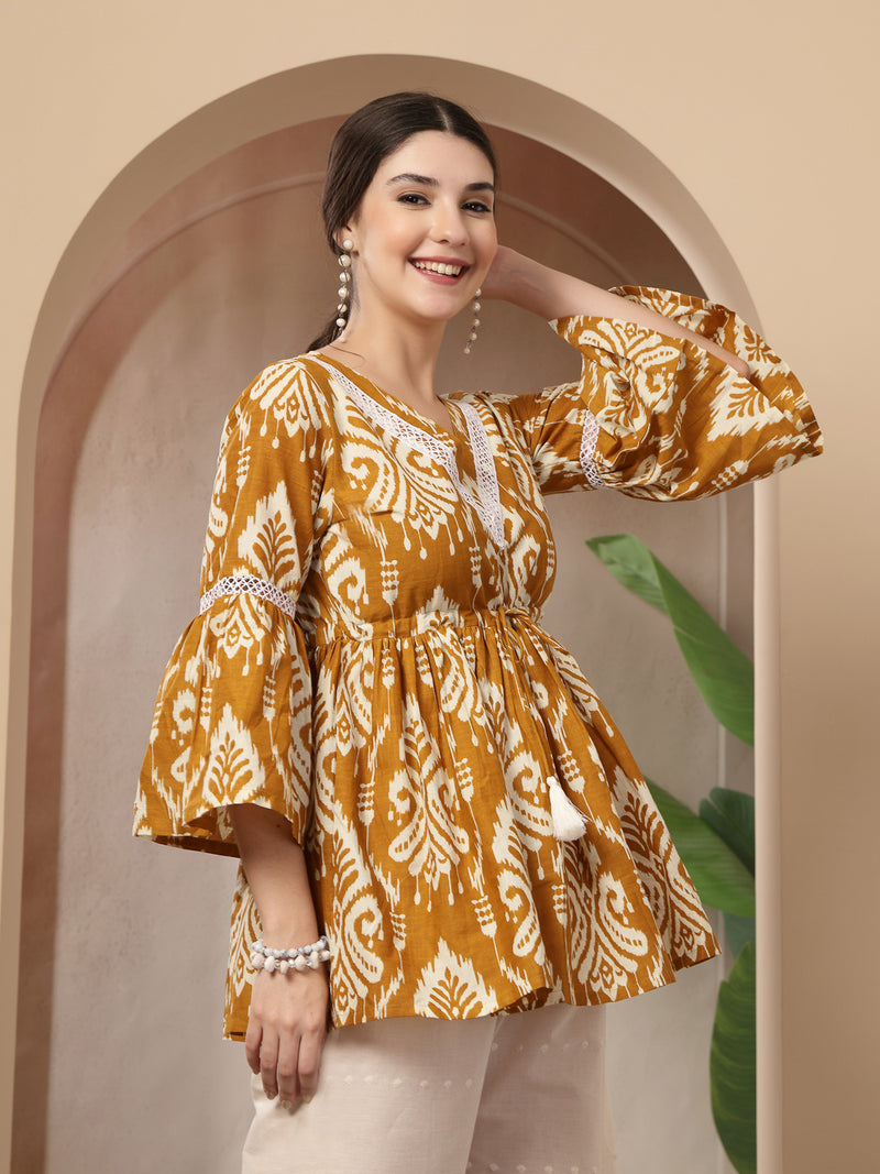 Stylum Women's Mustard Ikkat Printed Cotton Empire Top (TOPMUSTARDHUMMUS)