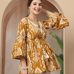 Stylum Women's Mustard Ikkat Printed Cotton Empire Top (TOPMUSTARDHUMMUS)
