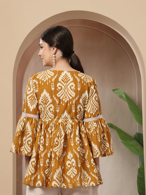 Stylum Women's Mustard Ikkat Printed Cotton Empire Top (TOPMUSTARDHUMMUS)