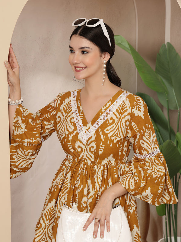 Stylum Women's Mustard Ikkat Printed Cotton Empire Top (TOPMUSTARDHUMMUS)