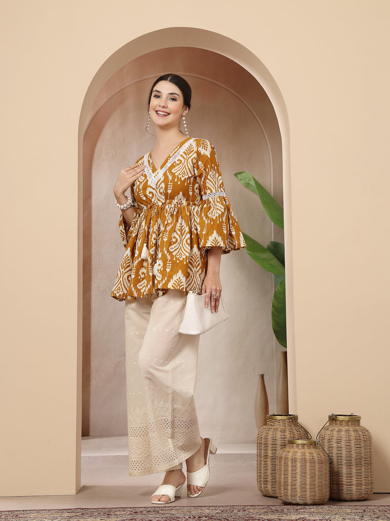 Stylum Women's Mustard Ikkat Printed Cotton Empire Top (TOPMUSTARDHUMMUS)