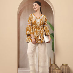 Stylum Women's Mustard Ikkat Printed Cotton Empire Top (TOPMUSTARDHUMMUS)