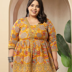 Stylum Women's Plus Size Mustard Floral Printed Cotton Peplum Top (TOPMUSTARDNOVAPLUS)
